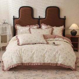 MOTNTD Floral Duvet Cover Queen Size Ruffle Boho Comforter Cover Coquette Cotton Lightweight Cottage Core Duvet Cover Set with 2 Pillow Cases Aesthetic Farmhouse Bedding Set Cozy Cute Duvet Protector