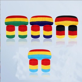Striped Sweatbands Set, 4 Sweatband Set Sports Headband 8 Wristband Set, Sports Headband and Wristbands Sweatbands Colorful Cotton Striped Sweatband Set for Basketball, Baseball, Soccer