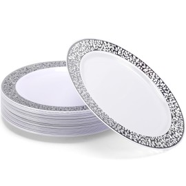Kinmsito Pack of 20 Plastic Plates with Silver Rim, 19 cm White Dessert Plates, Premium Reusable Plastic Plates, Reusable Sturdy Hard Plastic Party Plates for Weddings, Parties