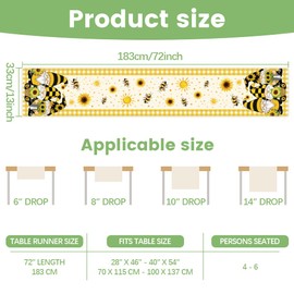 WADORN Sunflower Gnomes Bee Table Runner, 13x72 Inch Buffalo Plaid Yellow Kitchen Dining Table Decoration Spring Summer Seasonal Farmhouse Holiday Table Runner for Home Party Indoor Outdoor Decor
