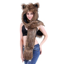 Women Teen Girls Faux Fur Hooded Scarf Hats 3 in 1 Hat Gloves Scarf Full Hood Hoodie Winter Scarf Warm Soft Fluffy Trapper Hat Cute Animal Hat with Mitten Pocket Gloves Long Scarf