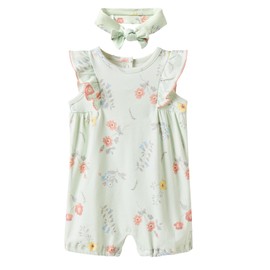 Minicoco Baby Girl Romper 100% Cotton Breathable Soft with Headband, Sleeveless Summer Outfits for Newborn Infant 0-24 Months