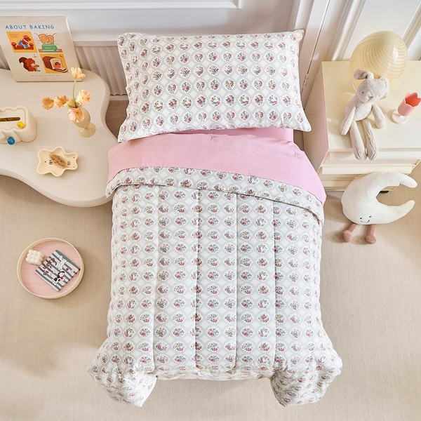 Joyreap 4 Piece Cotton Toddler Bedding Set- Flowers Pink n