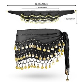 COSICS Belly Dance Hip Scarf, 10pcs Black Coin Belt Belly Dancing Skirts for Women, 128-Gold Coins Scarves for Ladies & Girls Class, Birthday Party, Themed Party