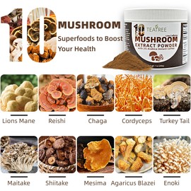 Mushroom Coffee (7oz / 200g), 10 Mushrooms Extract Powder Blend Coffee, Energy Focus, and Immune Support, Coffee Substitute Low Caffeine for Milk, Smoothies, Beverages & Desserts