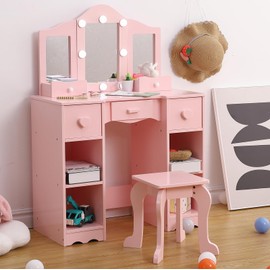 GAOMON Kids Vanity, Girls Vanity Table with Mirror, Light,Stool & Drawer, 2 in 1 Wooden Princess Makeup Desk Dressing Table, Toddler Vanity,Pretend Play Vanity Set for Kids