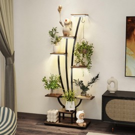 GiftGo Plant Stand Indoor with Grow Light Wooden Metal for Plants Multiple Large Tall Plant Rack Display Shelves Corner Plant Holder for Living Room Patio Balcony (Rustic Brown, 7 Tier-Ladder)