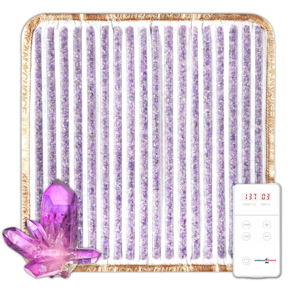 AMERICAN CHOICE - Amethyst Heating Pad - Far Infrared Mat for Back Pain Relief - Natural Crystal Gemstones - Negative Ions and Hot Stone Therapy - Portable and Flexible with Auto Shut Off - 18" x 18"
