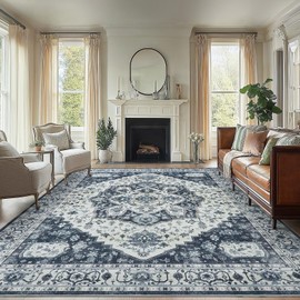 AMADA HOMEFURNISHING 8x10 Area Rug, Washable Low-Profile Large Area Rug with Non-Slip Backing & Durable Edge Binding, Vintage Large Rugs for Living Room, Bedroom