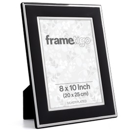 Frametigo - Silver Plated Black Photo Frame, 8"x10" (20x25cm) Photo Size - Velvet Frame Backing & Stand - Real Glass Window - Tarnish Resistant - Landscape or Portrait Orientation
