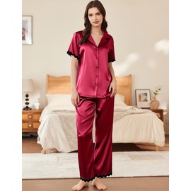 Ekouaer Womens Silk Satin Pajamas Set Button Down 2 Piece Pjs Short Sleeve Long Pants Sleepwear Lounge Set, Wine Red, M