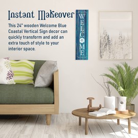 Blue Coastal Welcome Sign For Front Door, Wooden Porch Decor, Durable Pine Welcome Signs For Front Porch, Indoor Hanging Door Signs for Home, Vertical Wall Decor, Decorative & Cozy House Signs - 2 Ft