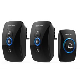 TECKNET Wireless Doorbell - IP65 Waterproof Twin Door Bell, Plug in Wireless Doorbell with 2 Receivers at 1300ft/400M Wireless Range, 60 Chimes, 5 Level Volumes & Blue Light, Plug in Door Bell, Black