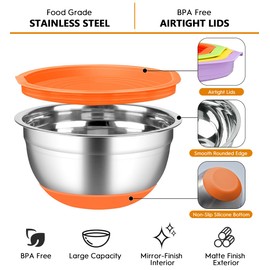 CHAREADA Mixing Bowls with Airtight Lids, 18pcs Stainless Steel Nesting Mixing Bowls Set Non-slip Silicone Bottom, Size 4.5, 3.6, 2.7, 2.1, 1.7, 1.1, 0.7 qt, Fit for Mixing & Serving(Colorful)