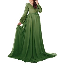 Maternity Gowns for Photoshoot Long Bishop Sleeves Baby Shower Dress Pregnancy Summer Wrap Split Sweetheart Maxi Photography 2025(Green M)