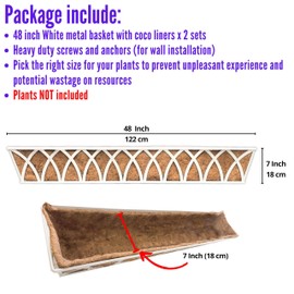 LaLaGreen Wall Planter Outdoor (48 inch, 2 Pack) White Metal Rectangular Hanging Flower Box Planters with Coco Liner Window Boxes Basket Plant Holder Horse Trough Deck Rail Railing Patio Porch Balcony