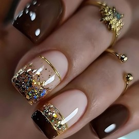 Fall Press on Nails Square Short Fake Nails French Tip Nails Press ons Brown False Nails with Golden Glitter Designs Glossy Glue on Nails Artificial Stick on Nails for Women 24Pcs
