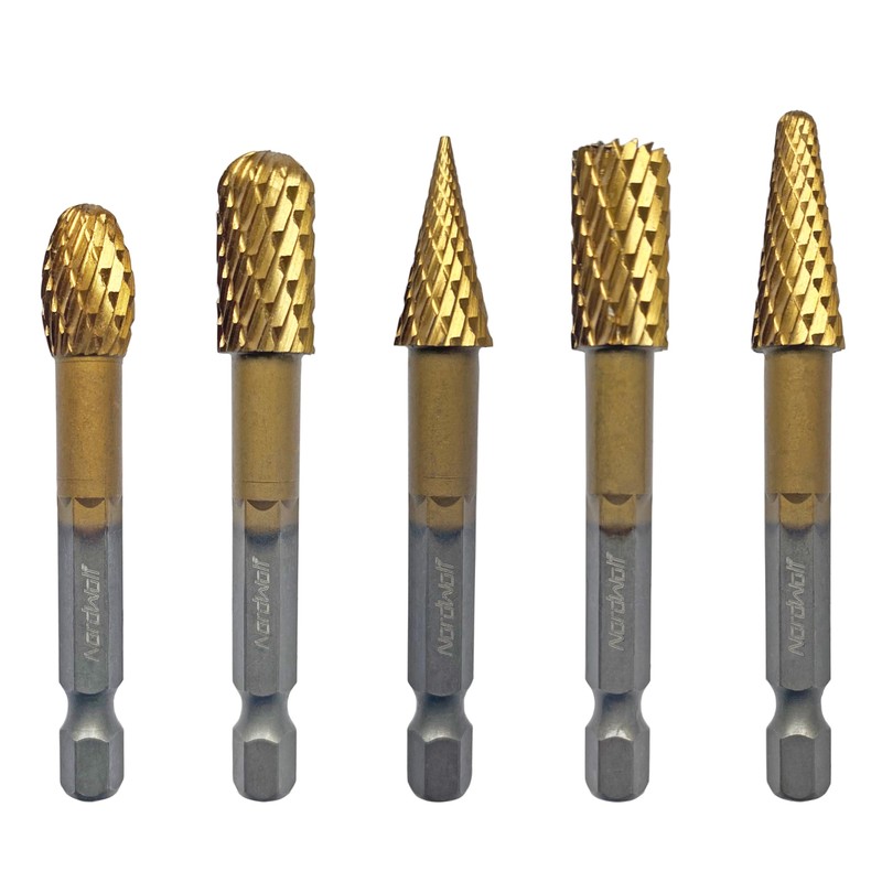 NordWolf 5-Piece Rotary Burr Carving Rasp Files Set, with 1/4"