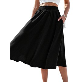 SOFIA'S CHOICE Women's High Elastic Waist Midi Skirt with Pocket A Line Swing Skirts Black Large