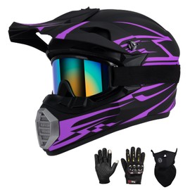 Youth Kids Motocross Helmet DOT Approved, Adult ATV Dirt Bike Off-Road Full Face Motorcycle Helmet with Goggles Gloves Mask for Boys Girls,Lightweight Breathable for Riding (Purple, Small)
