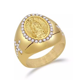 JAJAFOOK Men's Gold Plating Cubic Zirconia Our Lady of Guadalupe Virgin Mary Ring Religious Ring Size 7-13