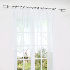 HongYa Curtain with Ruffle Tape, Transparent Voile Bogenstore, Flower Window, Kitchen Curtain with Satin Ribbon, H/W 140/300 cm, White