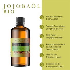 Oxxigena - 100% pure jojoba oil organic, 500 ml pack, cold pressed, moisturises and nourishes the skin, gives the hair shine, vegan and GMO-free