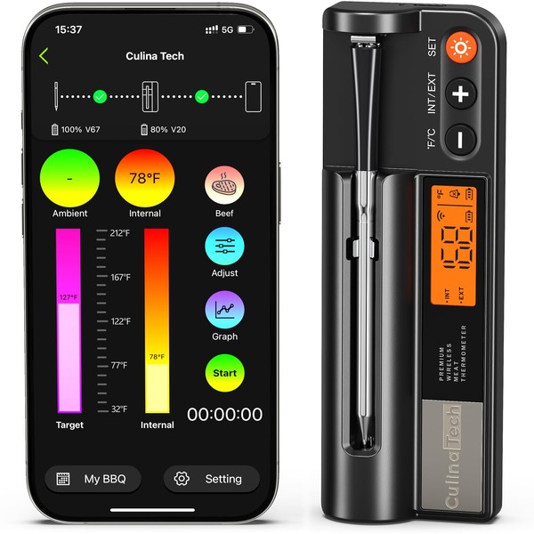 CulinaTech 700FT Wireless Meat Thermometer with LCD Screen, Digital Cooking