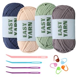 4x50g Beginners Crochet Yarn, Easy Yarn, Beginner Yarn, Easy-to-See Stitches, Cotton-Nylon Blend Yarn for Crochet Kit Making(Dark Blue&Light Green&Dark Gray&Beige)