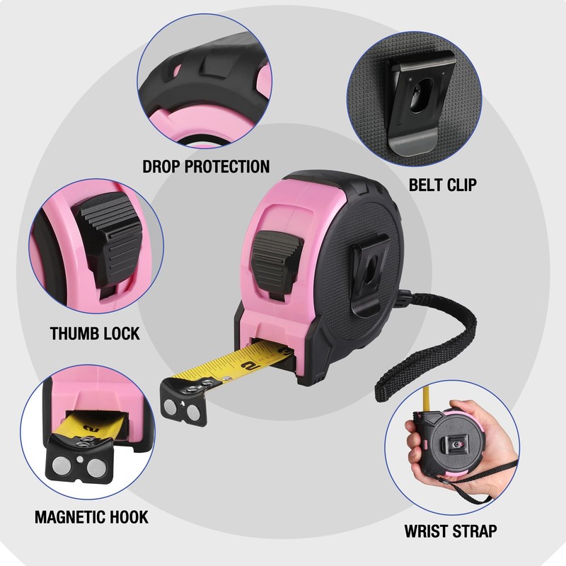 WORKPRO 16FT Pink Tape Measure, 1/8 Fractions Easy Read Measuring