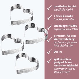 Westmark Tartelette Frame Pack of 4 - Perfect Tart and Quiche Moulds - Even Baking Results Thanks to Perforation - Silver, Heart Shape, Diameter 8 cm