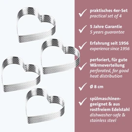 Westmark Tartelette Frame Pack of 4 - Perfect Tart and Quiche Moulds - Even Baking Results Thanks to Perforation - Silver, Heart Shape, Diameter 8 cm