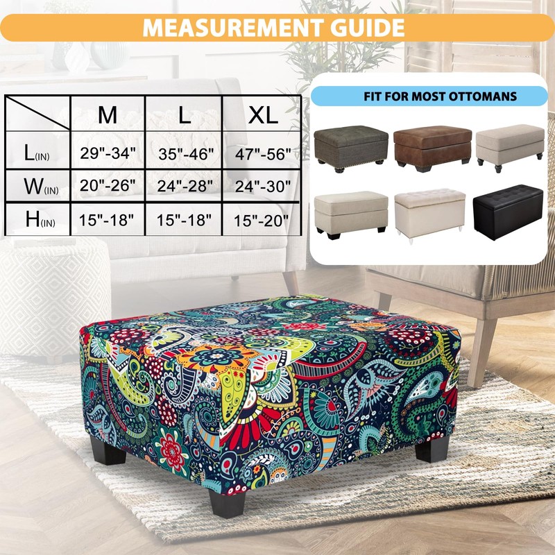 TOPHMDECOR Ottoman Cover Rectangle Printed,Stretch Footstool Slipcover with Elastic Bottom,Soft
