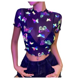 SHENHE Women's Sheer Mesh Reflective Rave Top Y2k Butterfly Round Neck Short Sleeve Crop Top Black Medium