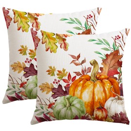 Artscope Fall Decorative Throw Pillow Covers 16x16 Inch Set of 2, Watercolor Pumpkin Fallen Leaves Outdoor Farmhouse Pillow Cases for Home Sofa Couch-Orange