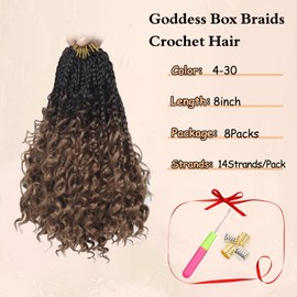 8 Packs Boho Crochet Box Braids with Curly Ends - 8 Inch Goddess Bohemian Box Braids Crochet Hair for Black Women Pre Looped 3X Boho Synthetic Braiding Hair(4-30)