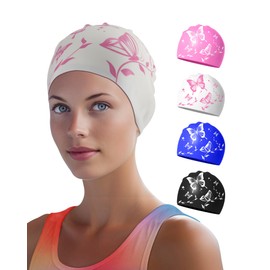 Swimming Cap for Women – Soft, Elastic, Anti-Slip, Stylish, Comfortable (White Butterfly)