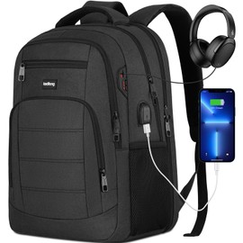 kadilong Men's School Backpack Boys Teenager Laptop Backpack School Bag for Work Hiking Travel Camping for 17.3 Inch Laptop with USB Charging Port