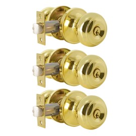 Probrico Polished Brass Keyed Alike Entry Door Knobs, Ball Door Knob Entrance Bedroom Door Lockset with Lock and Same Keys, 3 Pack
