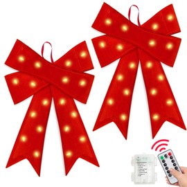 2 Pack 24'' x 14'' Large Prelit Christmas Bows with 20 Warm White Lights Remote 8 Modes Timer, Battery Operated Red Velvet Outdoor Bows for Christmas Tree Wreath Garland Tree Topper Home Decorations