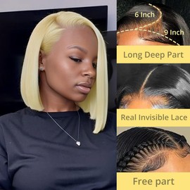 GUDOZO 9x6 HD 613 Lace Front Wig Human Hair Glueless Wigs Human Hair Pre Plucked Pre Cut Bob Wig Human Hair Glueless Wigs Human Hair 200% Density Short Straight Bob Wigs for Black Women 10 Inch