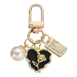 sourcing map Heart Keychain Charm for Women, Metal Cute Heart Flower & Pearl Purse Bag Charm Keychain Accessories Decor for Car Keyring Bag Purse Backpack Key Chain (Black/Gold/Silver)
