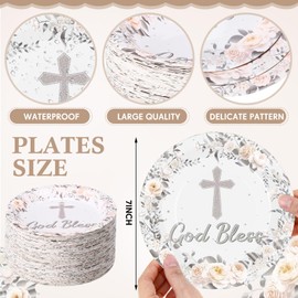 Zopeal 80 Pcs 7 Inch Baptism Plates God Bless Baptism Decorations First Holy Communion Tableware Disposable Plates for Baby Shower Newborn Christening Religious Church Party Decorations(Silver Style)