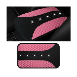 Mandark Bling Leather Car Center Console Cover, Crystal Rhinestone Vehicle Armrest Seat Box Protector, Waterproof Non-Slip Auto Arm Rest Decor Cushion, Universal for SUV, Truck, RV（Pink）