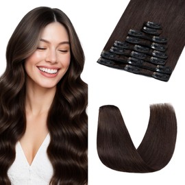 Clip-In Real Hair Extensions, 100% Remy Human Hair, Dark Brown, 25 cm, 8 Pieces, Invisible Straight Natural #02-50 g
