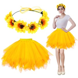 TaimeiMao Sunflower Costume Women's 2 Pieces, Tulle Skirt Yellow with Luminous Sunflowers Headband, Sunflowers Tulle Skirt Women, Tutu Women's Yellow, Carnival Costume Tulle Skirt for Women Girls