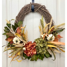 21" Diameter Fall Front Door Wreath with Cream Pumpkins, Fall Hydrangeas, Berries, Wheat, and Maple Leaves