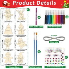 gisgfim 16 Pack Christmas Crafts for Kids Wind Chime Kits Make Your Own Merry Christmas Wind Chime Wooden DIY Coloring Arts Crafts for School Winter Holiday Party Hanging Decoration Supplies Favor