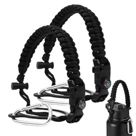 SMLBJUTE Water Bottle Handle Strap Paracord Handle Strap Cord with Carabiner Fits Wide Mouth Bottles 12oz to 64oz (2 Pack Black with Compass and Whistle)