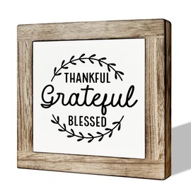 Inspirational Wood Sign, Christian Decor Sign, Farmhouse Decoration for Home Office Cubicle, Rustic Decor for Living Room, Bedroom, Thankful Grateful Blessed Sign 5.9×5.9×0.7inches